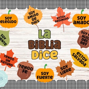 Kit de tablón de anuncios con calabazas otoñales con afirmaciones bíblicas de La Biblia Dice