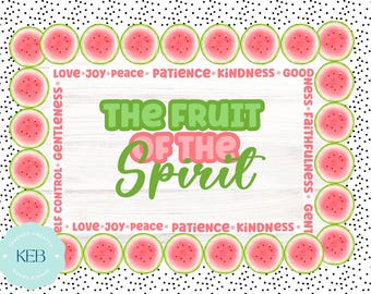 Puede incluir: Un letrero de madera blanco con un borde de sandía y el texto "The Fruit of the Spirit" en letras verdes y rosas. Las palabras "Love, Joy, Peace, Patience, Kindness, Goodness, Faithfulness, Gentleness, Self Control" están escritas alrededor del borde en negro.