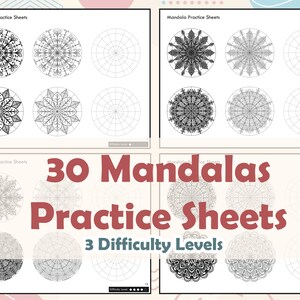 Könnte beinhalten: Ein Satz von 30 druckbaren Mandala-Übungsbögen mit drei Schwierigkeitsgraden. Die Blätter zeigen schwarz-weiße Mandalas mit komplizierten Designs.