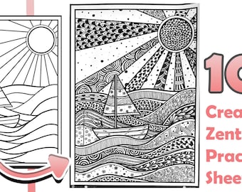 Botanical Zentangle Practice Sheets, Coloring Pages (Digital Download)