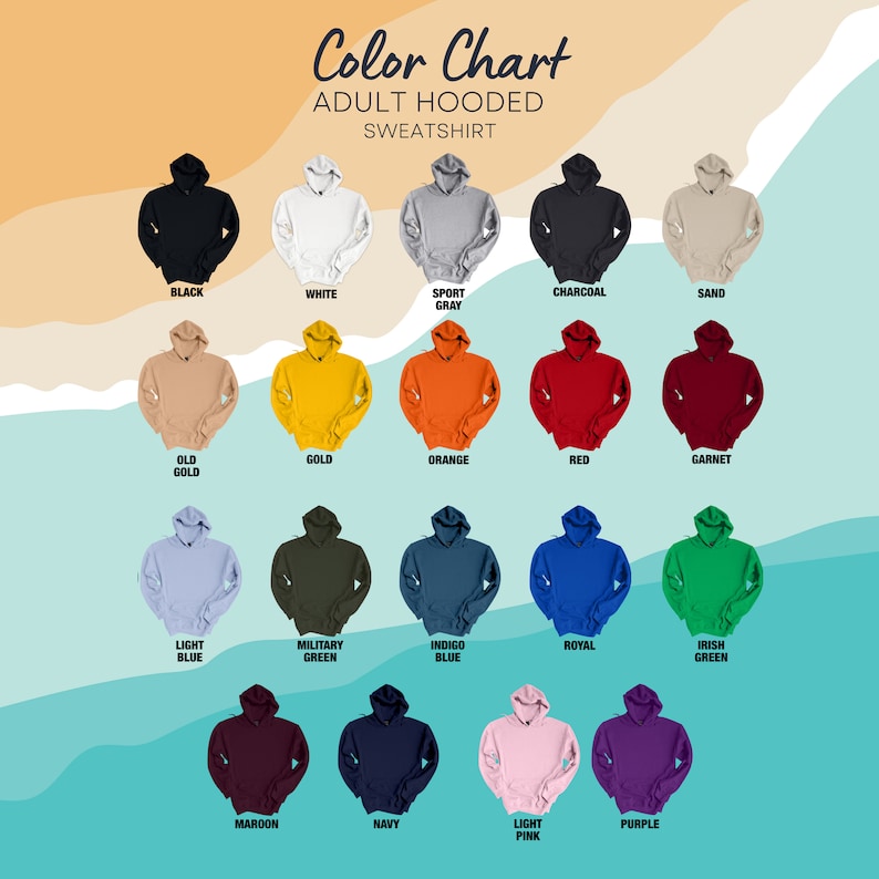 Puede incluir: Carta de colores que muestra 20 opciones de color diferentes para una sudadera con capucha para adultos. Los colores incluyen negro, blanco, gris deportivo, carb&oacute;n, arena, oro viejo, oro, naranja, rojo, granate, azul claro, verde militar, azul &iacute;ndigo, azul real, verde irland&eacute;s, granate, azul marino, rosa claro y morado.