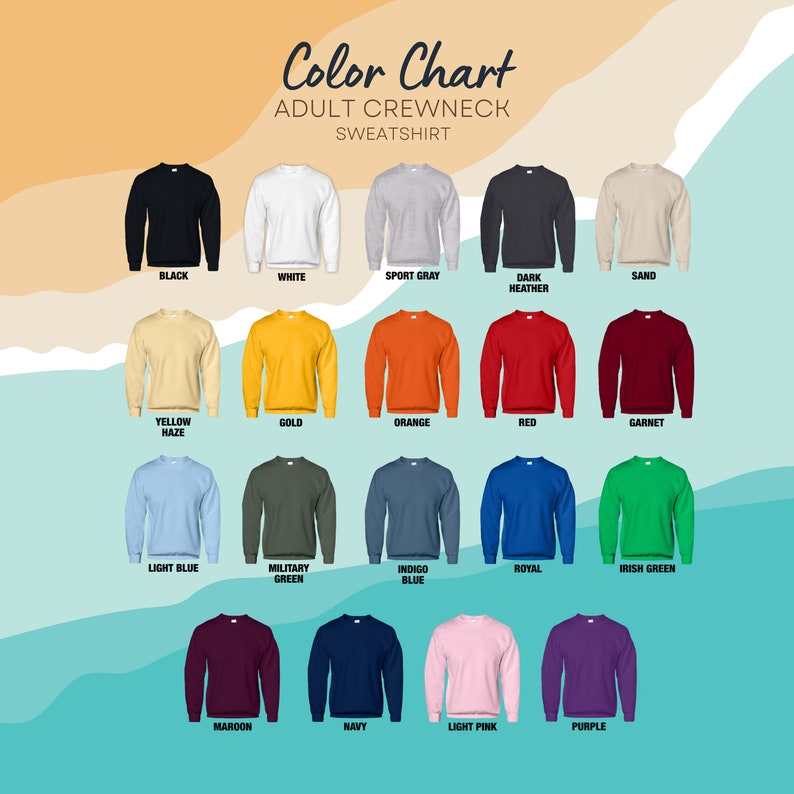 Puede incluir: Carta de colores que muestra 18 colores diferentes de sudaderas con cuello redondo para adultos. Los colores incluyen negro, blanco, gris deportivo, gris oscuro jaspeado, arena, amarillo neblina, dorado, naranja, rojo, granate, azul claro, verde militar, azul &iacute;ndigo, azul real, verde irland&eacute;s, granate, azul marino, rosa claro y morado.
