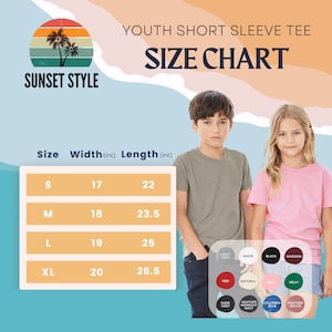May include: Youth short sleeve tee size chart with measurements in inches. The chart shows the size, width, and length of the tee in a table format. The chart is on a blue background with a sunset style graphic at the top.
