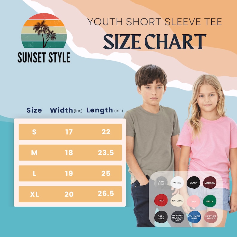 May include: Youth short sleeve tee size chart with measurements in inches. The chart shows the size, width, and length of the tee in a table format. The chart is on a blue background with a sunset style graphic at the top.