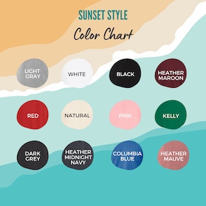 May include: Colour chart showing 12 different colours of t-shirts. The colours are: light grey, white, black, heather maroon, red, natural, pink, kelly green, dark grey, heather midnight navy, columbia blue, and heather mauve.
