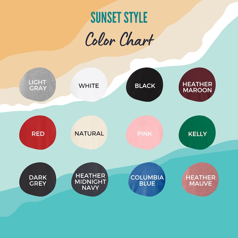 May include: Colour chart showing 12 different colours of t-shirts. The colours are: light grey, white, black, heather maroon, red, natural, pink, kelly green, dark grey, heather midnight navy, columbia blue, and heather mauve.