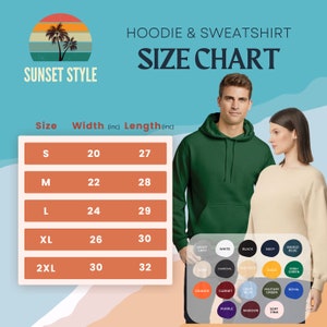 Puede incluir: Tabla de tallas para sudaderas con capucha y sudaderas con medidas en pulgadas. La tabla muestra el ancho y la longitud de cada talla de S a 2XL.