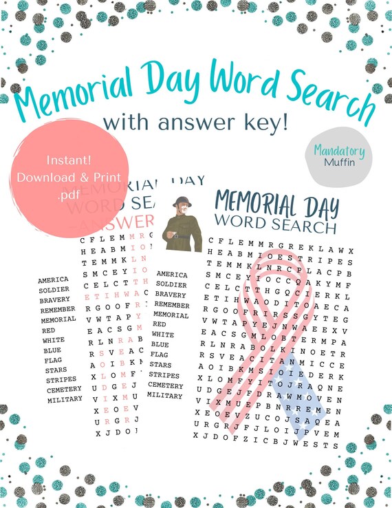 memorial day word search printable word search school etsy