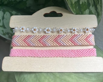 Pink and White Friendship bracelets - Handmade woven and daisy chain bundle. Valentine Bracelet