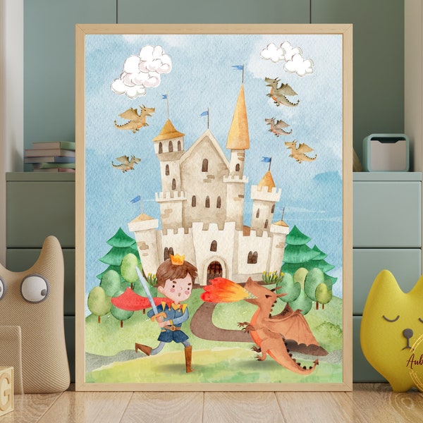 Fairytale Prince & Dragon Poster - Knight boy Nursery Decor - Dragon Theme Room - Watercolor Castle Wall Art - Fairytale Illustration