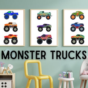 Monster Truck Wall Art, Set of 3 Monster Trucks, Monster Truck Theme Bedroom, Monster Jam Birthday Party