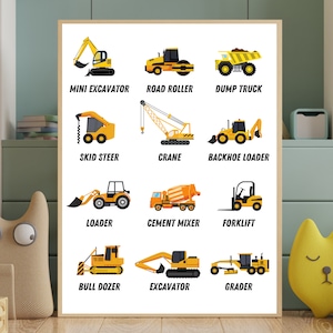 Construction Vehicle Poster - Educational Poster - Digger Art - Toddler Bedroom Décor - Construction Nursery Décor