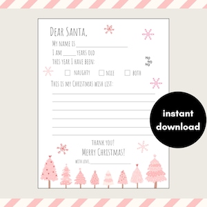 Druckbarer Brief an Weihnachtsmann, Lieber Weihnachtsbrief, Rosa Urlaub Wunschliste, Weihnachtswunschliste, Weihnachtsmann druckbar, Kinder Weihnachtsaktivitäten