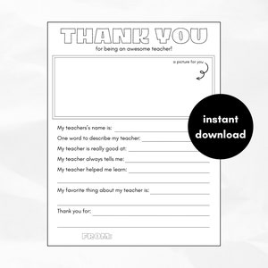 Personal Teacher Appreciation Gift, End of School Gift for Teacher, Printable Teacher Thank You, Teacher Questionnaire, All About My Teacher