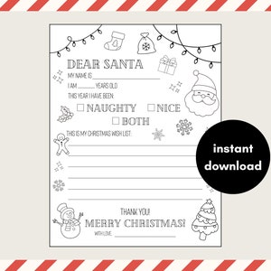 Carta a Papá Noel, Carta de Querido Papá Noel, Página para colorear de Papá Noel, Lista de deseos de Navidad, Papá Noel imprimible, Lista de Navidad para niños, Actividad navideña