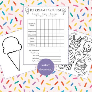 Prueba de sabor de helado, Tarjeta de puntuación de cata de helado, Juego de fiesta de cumpleaños, Fiesta de helado, Hoja para colorear de helado, Probador de helado