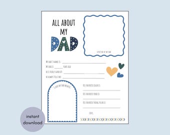 Afdrukbaar All About Dad, All About Dad-activiteitenpagina, gepersonaliseerd cadeau voor vader van kinderen, Vaderdagkaart, Vaderdagvragenlijst,