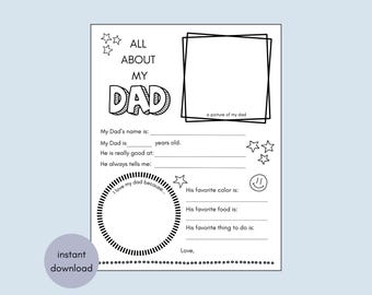 Afdrukbaar All About Dad, All About Dad-activiteitenpagina, gepersonaliseerd cadeau voor vader van kinderen, Vaderdagkaart, Vaderdagvragenlijst,