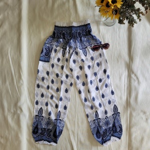 Beautiful Hippie Harem Pants with Smocked Waist in Blue and White | Flowy Hippie Pants for Women | Soft Clothes, Summer Pants for S-M Women