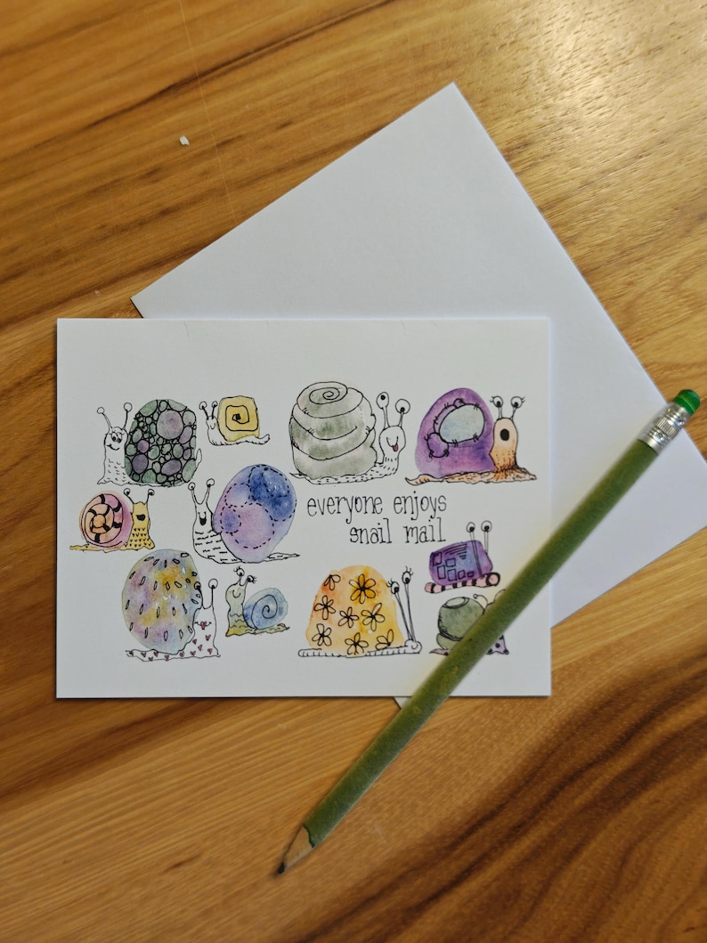 Snail Taking Notes Reconnect With Snail Mail Encouragement Card Whimsical Watercolor Note ...