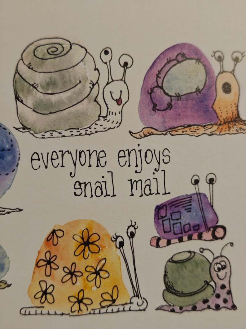 Snail Taking Notes Reconnect With Snail Mail Encouragement Card Whimsical Watercolor Note ...