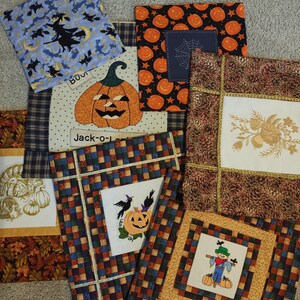 May include: A collection of seven square fabric quilt blocks featuring seasonal autumn and Halloween themes, including pumpkins, a jack-o-lantern, a scarecrow, a turkey, witches on broomsticks, and pinecones, with various plaid and patterned borders.