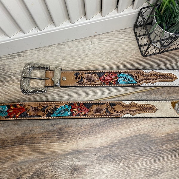 Western Tooled Leather Belt | Cowhide Belt | Concho Belt