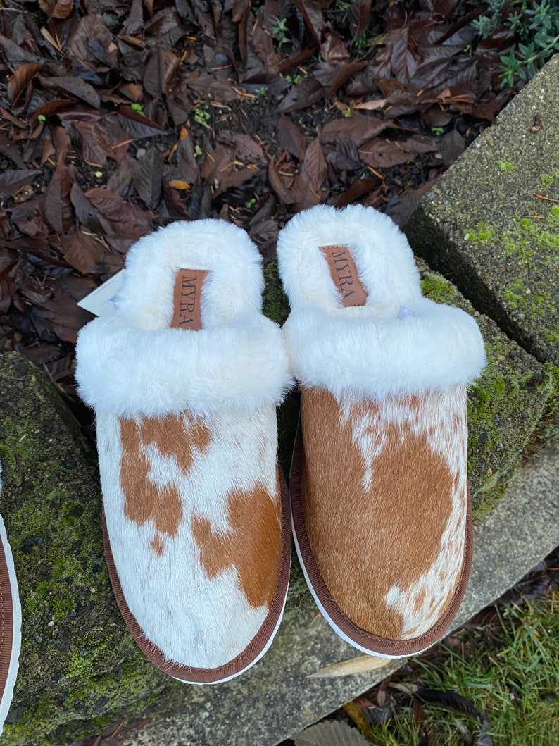 Genuine Cowhide Slippers Brown and White Etsy