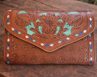 Tooled Leather Wallet for Women | Western Floral Turquoise Accent Wallet | Boho Cowgirl Wallet | Gift for Her