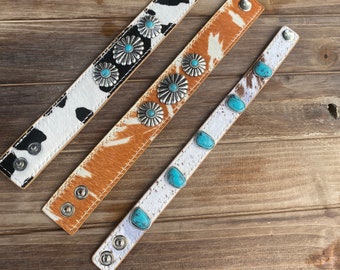 Cowhide Leather Cuff Bracelet | Turquoise Concho Western Bracelet | Boho Cowgirl Bracelet | Adjustable Snap Bracelet