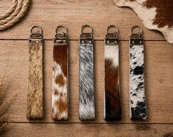 Llavero de piel de vaca / Llavero estilo western / Llavero de piel de vaca auténtica / Negro/Blanco, Marrón/Blanco, Tricolor, Atigrado / Llavero de cuero