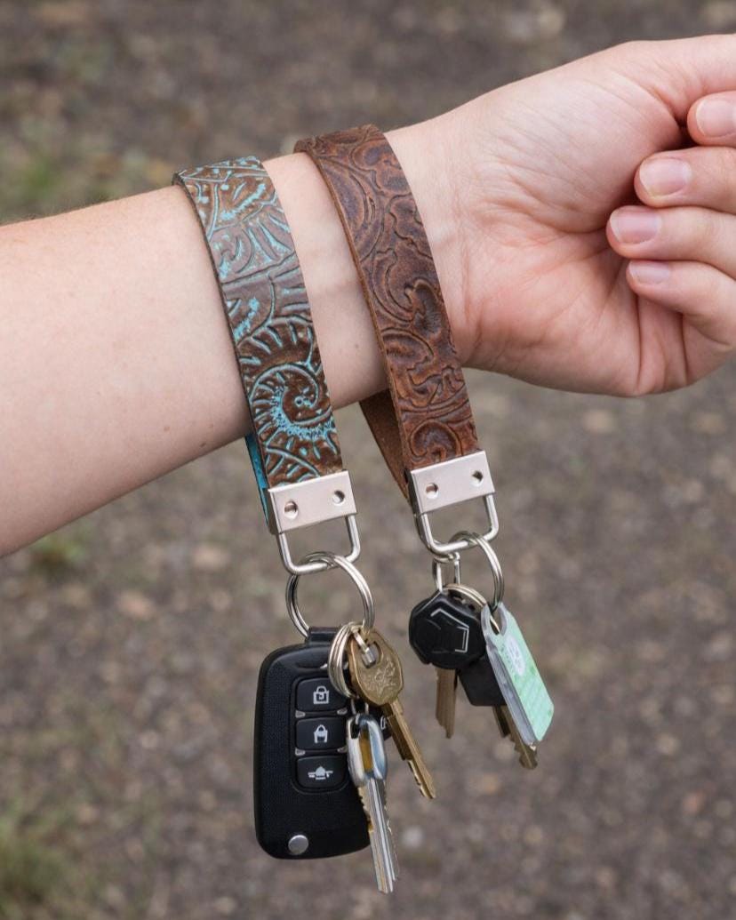 Embossed Leather Wristlet Keychain | Western Keychain Wristlet Strap ...