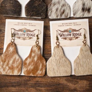 Cowhide Ear Tag Earrings | Western Leather Earrings | Handmade Rustic Jewelry | Farm Cow Tag Earrings | Willow Ridge West