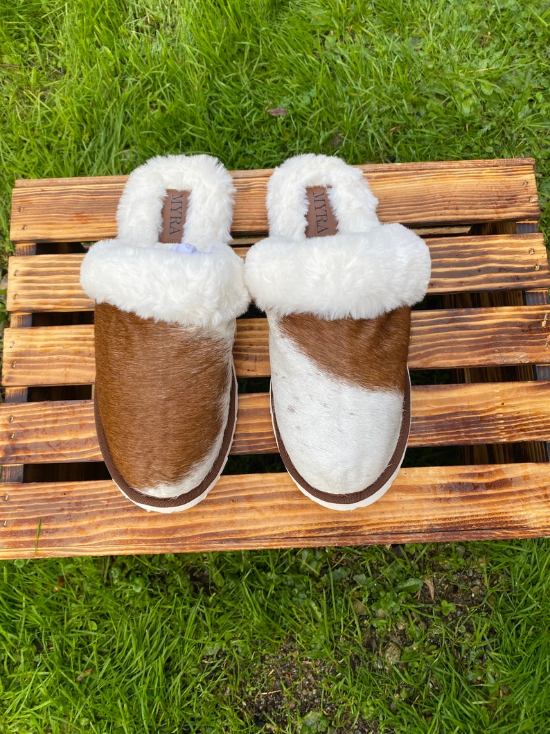 Genuine Cowhide Slippers Brown and White Etsy