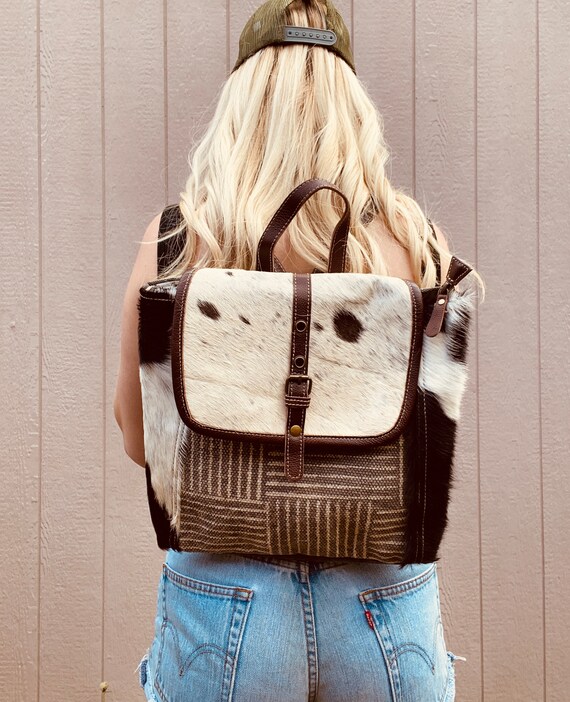 Cowhide Backpack | Myra Hair on Hide Leather Backpack | Western Cowgirl Bag Boho Chic Cowhide Backpack With Tassels - Genuine Leather  main image 2