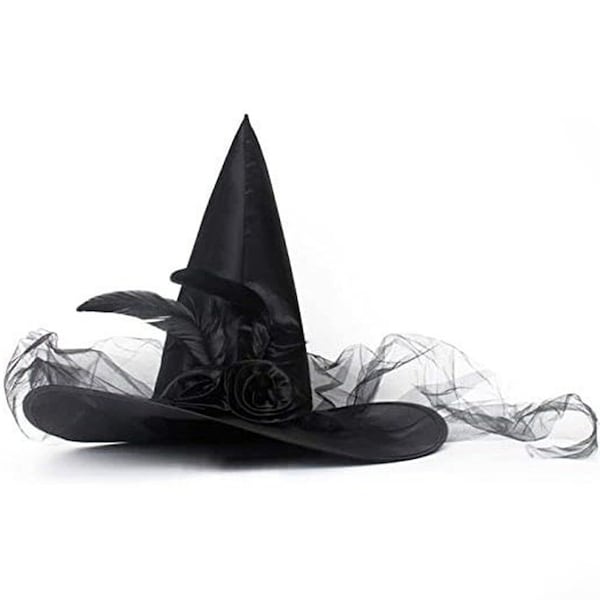 Halloween Witch Hat For Witchy Party, Witch Hat With Veil, Roses, Feather, Fancy Witch Hats For Women, Girls, Adults, Cosplay Witch Costume