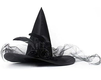 Halloween Witch Hat For Witchy Party, Witch Hat With Veil, Roses, Feather, Fancy Witch Hats For Women, Girls, Adults, Cosplay Witch Costume