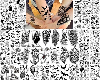 52 Sheets Halloween Temporary Tattoos Fake Stickers For Kids, Adults, Women, Men, 3D Scary Skeleton, Ghost Vampire Bat Pumpkin Spider Devil