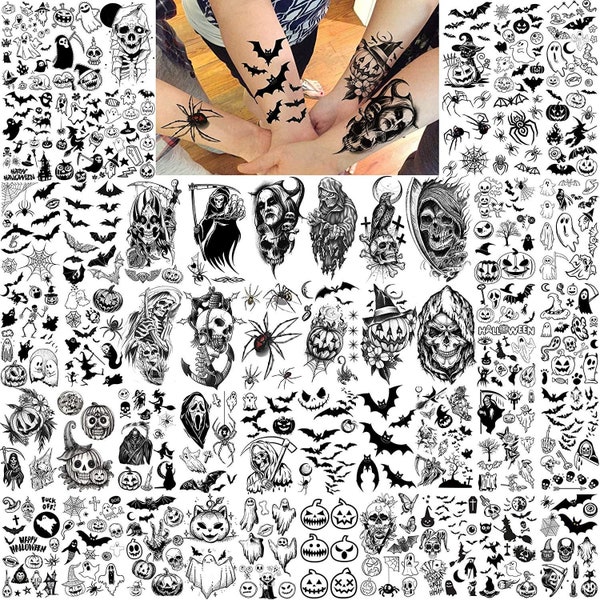 52 feuilles de faux autocollants de tatouages temporaires d'Halloween pour enfants, adultes, femmes, hommes, squelette effrayant 3D, fantôme vampire chauve-souris citrouille araignée diable