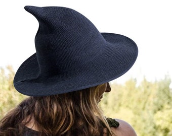 Chapeau de sorcière pointu pour femmes, chapeau de sorcier noir, chapeau de sorcières en feutre, chapeau hipster tricoté en laine à large bord, costume de sorcière moderne pour la fête de sorcière
