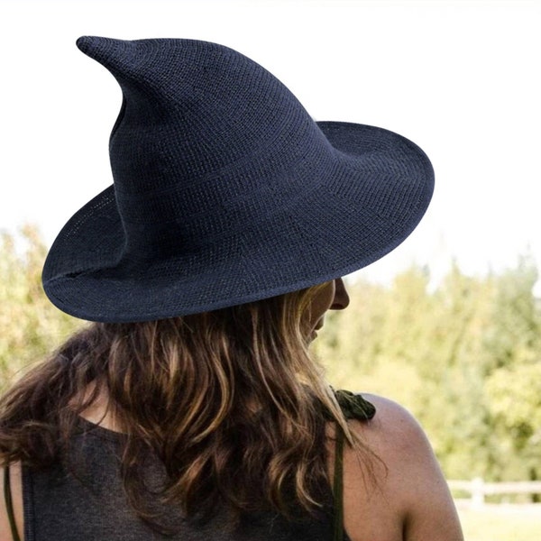 Chapeau de sorcière pointu pour femmes, chapeau de sorcier noir, chapeau de sorcières en feutre, chapeau hipster tricoté en laine à large bord, costume de sorcière moderne pour la fête de sorcière