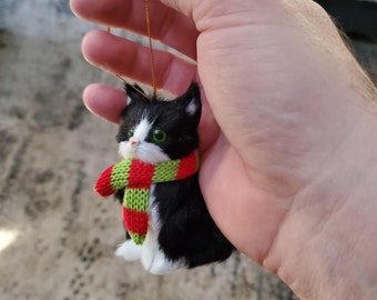 Christmas Mini Cat Ornament, Furry Black Kitten With Scarf Holiday Tree Hanging Decoration Kitty Ornament Cute Gift For Cat Lovers, Pet Gift
