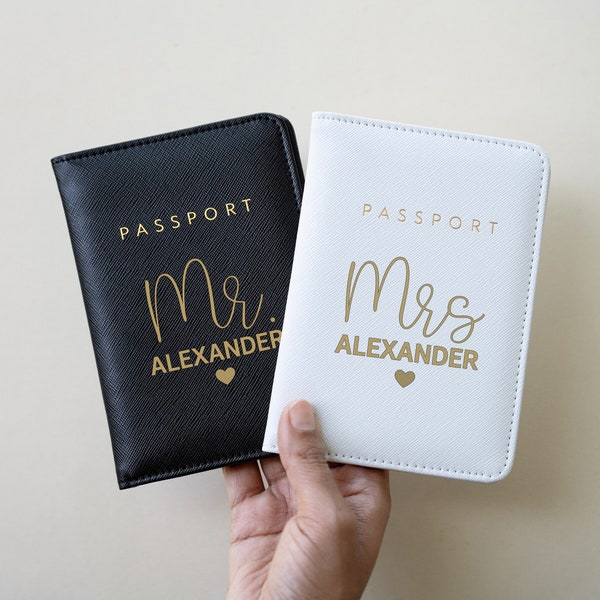 Personalized Passport Holder, Mr And Mrs, Honeymoon Travel Gift For Men And Women, Leather Passport Cover For Couples, Custom Wedding Gift