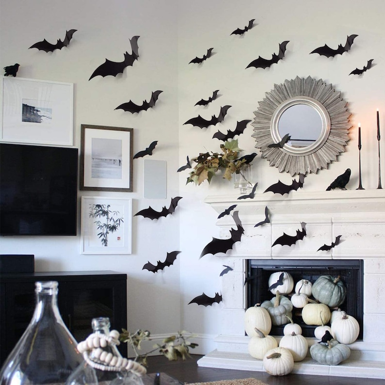 Large 3D Bats 60 Pack, Halloween Black Spooky Bats, 4 Size Waterproof, Wall Hanging Halloween Bats For Halloween Party Indoor Outdoor Decor image 2