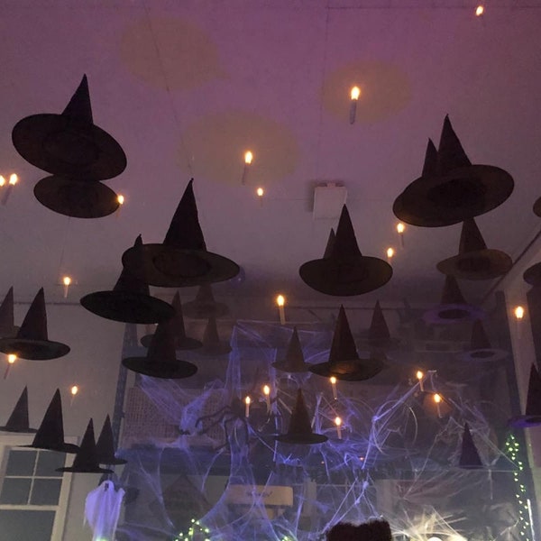 Halloween Decor, Floating Witch Hats With 3D Bats, Halloween Party Decorations DIY Indoor, Outdoor, Hanging Witch Hats From Ceiling, Trees