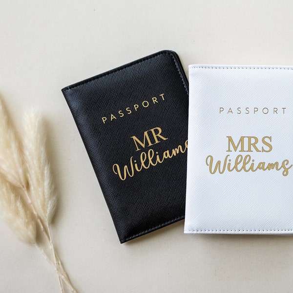 Personalized Passport Holder, Mr And Mrs, Custom Leather Passport Cover For Couples, Honeymoon Travel Gift Set, Wedding Gift For Men, Women