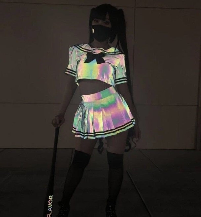 Reflective Two Piece School Girl Outfit  for Women - Reflective  Dance Outfit - Graffiti Rave Outfit - Rave Clothing - Festival Party Outfit 