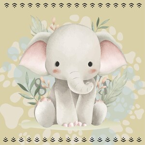 May include: A watercolor illustration of a baby elephant with large ears, sitting with its legs crossed. The elephant is light gray with pink accents and is surrounded by green and pink foliage on a light yellow background.