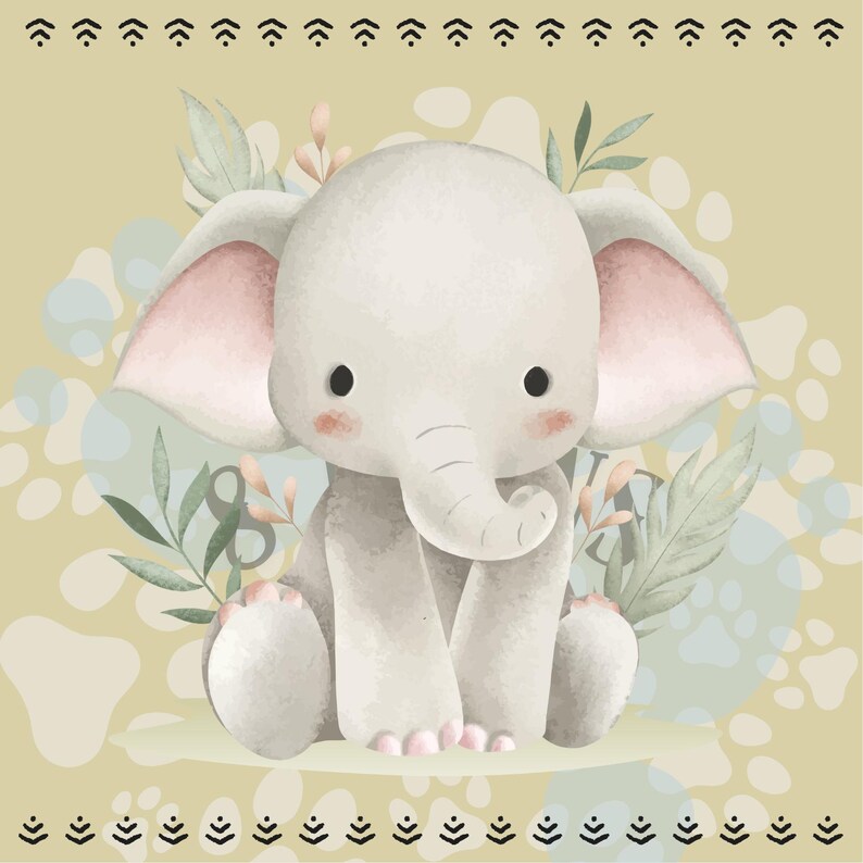 May include: A watercolor illustration of a baby elephant with large ears, sitting with its legs crossed. The elephant is light gray with pink accents and is surrounded by green and pink foliage on a light yellow background.