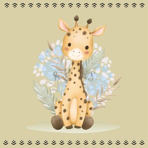 May include: A watercolor illustration of a cute giraffe with brown spots, sitting with its legs tucked. The giraffe is surrounded by blue and white floral accents and green leaves, set against a tan background.